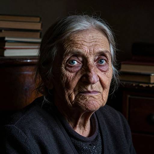 Photograph of an elderly woman with deep wrinkles, blue eyes, gray hair, wearing a black sweater, illuminated against a dark background with stacked books.