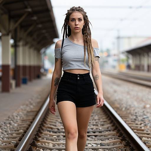 Photograph of a young woman with dreadlocks, wearing a gray off-shoulder crop top and black shorts, walking on a railway track. Bl