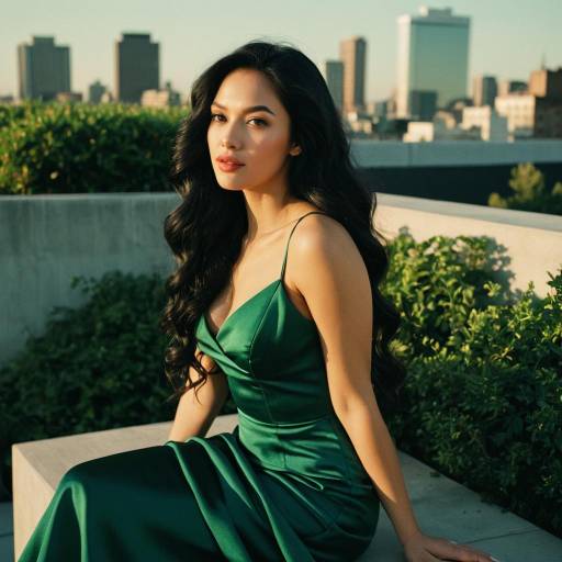 Woman in Emerald Green Evening Gown on Rooftop Garden