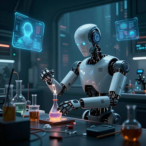 CGI image of a white, futuristic robot with glowing blue eyes, mixing a glowing orange liquid in a lab with holographic screens overhead.