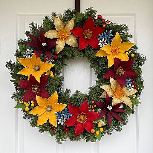 Vibrant Christmas wreath with yellow and red poinsettias, golden flowers, blue berries, and green pine, hanging against a white door