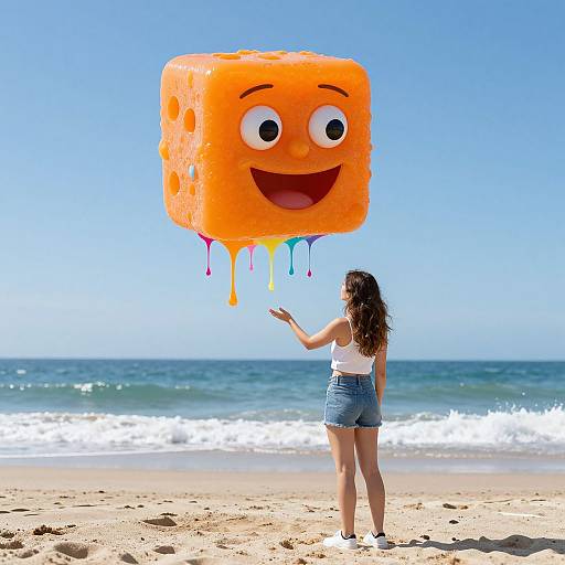 Photograph of a smiling young woman in white tank top and denim shorts holding a large, orange, cube-shaped, faceless balloon with drooping mult