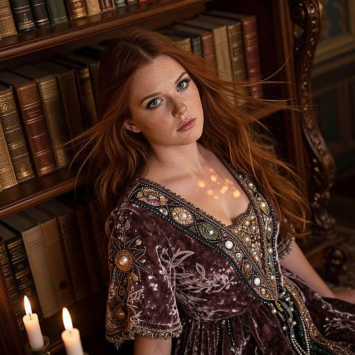 Photograph of a fair-skinned, freckled redhead woman with long hair, wearing an ornate, deep purple velvet dress, seated against a