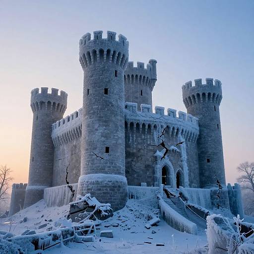 Photograph of a snow-covered medieval castle with tall, cylindrical towers and crenelated roofs, set against a clear, blue sky at sunset.