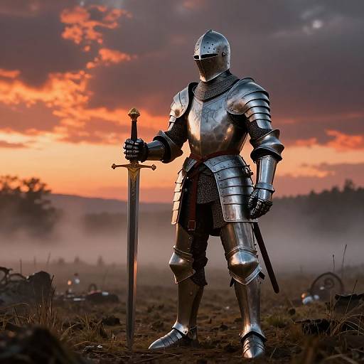 Photograph of a knight in shiny silver armor with a sword, standing in a misty field at sunset, with a dramatic orange and purple sky in