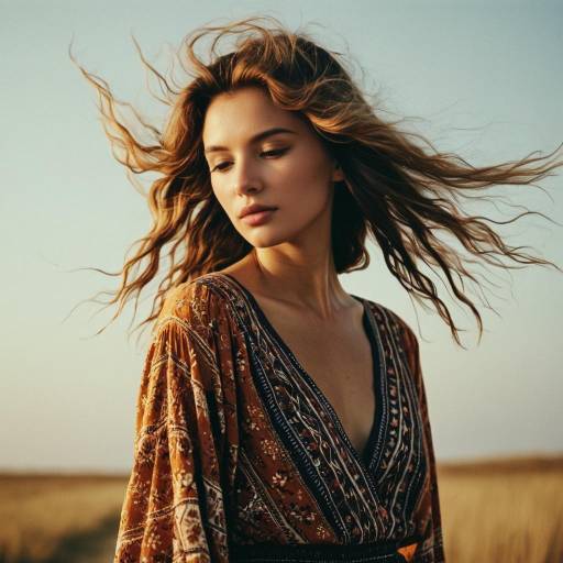 Woman with Windswept Hair in Boho Dress