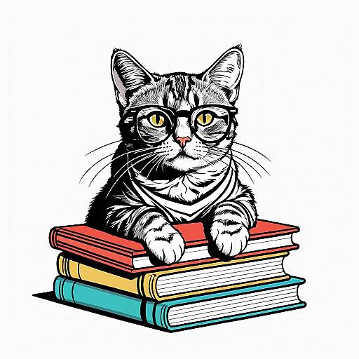 Curious Cat with Glasses on Textbooks