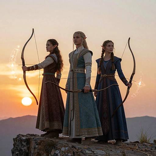 Photograph of three elven archers in medieval attire, standing on a rocky cliff at sunset, drawing bows with glowing arrows.