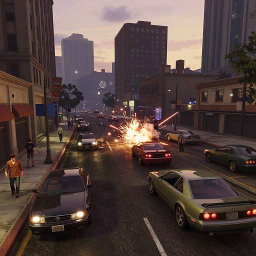 Photograph of a city street at dusk with a car crash in the center, bright sparks, and scattered vehicles, surrounded by tall buildings and pedestrians on