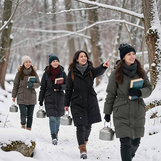 Group of Women Walking in Snowy Forest