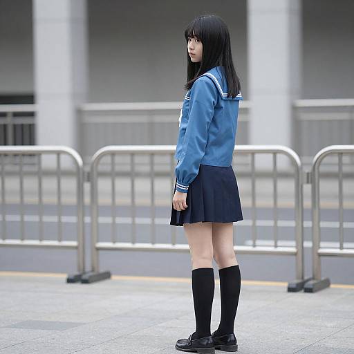 Asian Schoolgirl in Blue Uniform Standing Outdoors