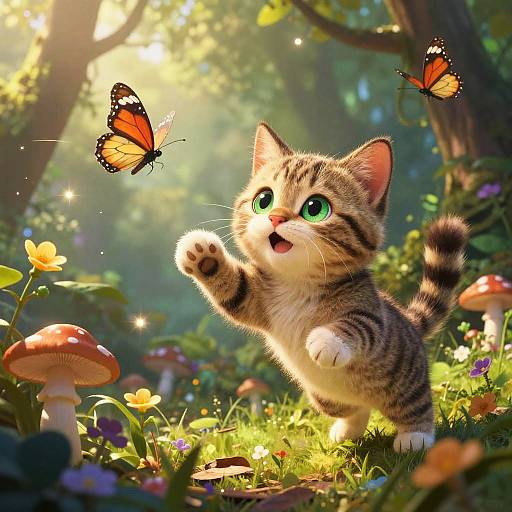 Adorable, wide-eyed tabby kitten with green eyes reaches up to a colorful butterfly in a sunlit, magical forest filled with mushrooms and flowers.