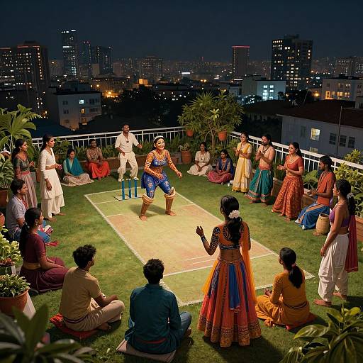 Nighttime rooftop dance performance with Indian women in colorful traditional dresses, surrounded by seated onlookers, against a cityscape backdrop.