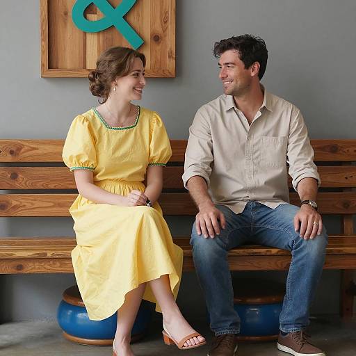Couple on a Bench: Vibrant Colors and Smiles