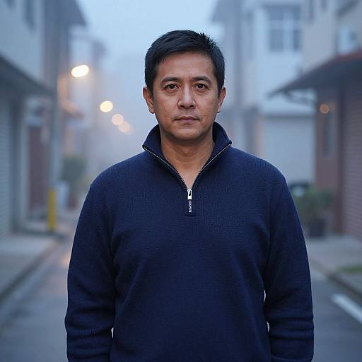 Photograph of a middle-aged Asian man with short black hair, wearing a dark zip-up sweater, standing in a narrow, dimly lit urban alley