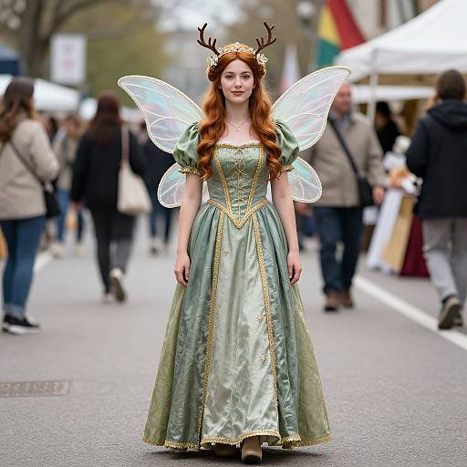 Photograph of a red-haired woman with fairy wings and antler headpiece, wearing a green, gold-trimmed dress, standing on a busy