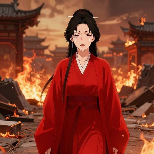 Anime-style digital illustration of a tearful woman in a red kimono, standing amidst a burning, ruined temple with traditional Asian architecture.