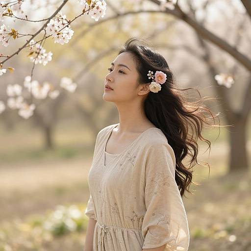 Photograph of an Asian woman with long black hair, wearing a floral-patterned beige dress, adorned with a pink flower, standing in a sunlit