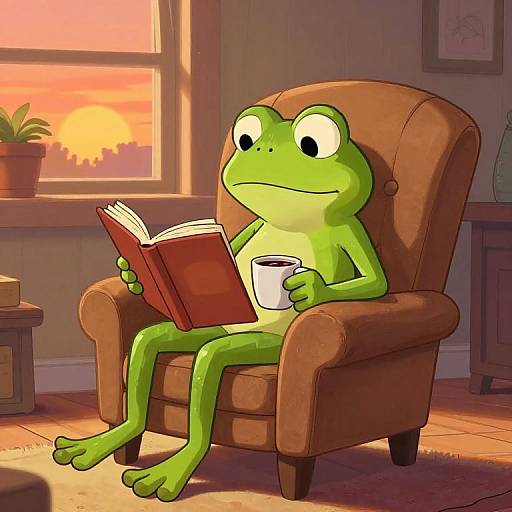 Digital cartoon of a green frog sitting in a brown armchair, reading a red book and holding a white mug, with a sunset view through a window