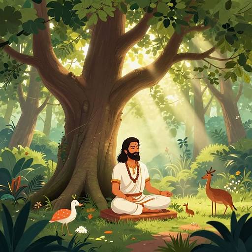 Digital illustration of a bearded, dark-haired man in white robes sitting meditatively under a sunlit, lush forest tree, with a bird,