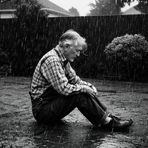 Senior Man Sitting in Rain in Backyard