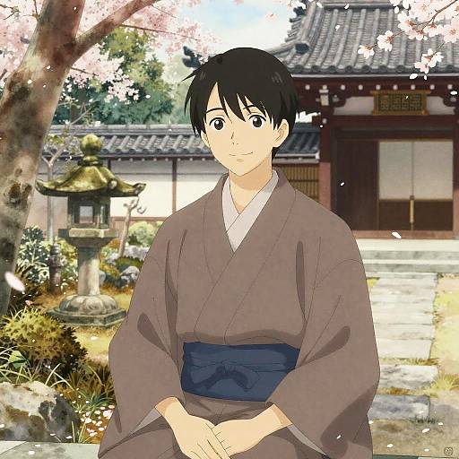 Shy Young Man in Serene Temple Garden