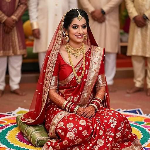 Photograph of a smiling Indian bride in a red floral saree, gold jewelry, and veil, seated on a colorful mandala, with men in