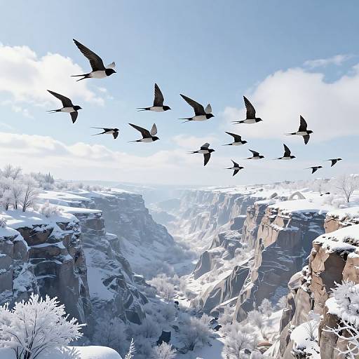 Photograph of a snowy mountain canyon with a flock of black birds in mid-flight against a bright blue sky.