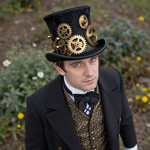 Photograph of a young man in Victorian steampunk attire: black top hat with gold gears, black coat, brown patterned vest, black bow