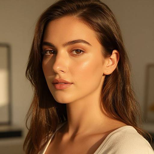 Photograph of a young woman with long brown hair, fair skin, and brown eyes, illuminated by warm sunlight, wearing a white top, against a