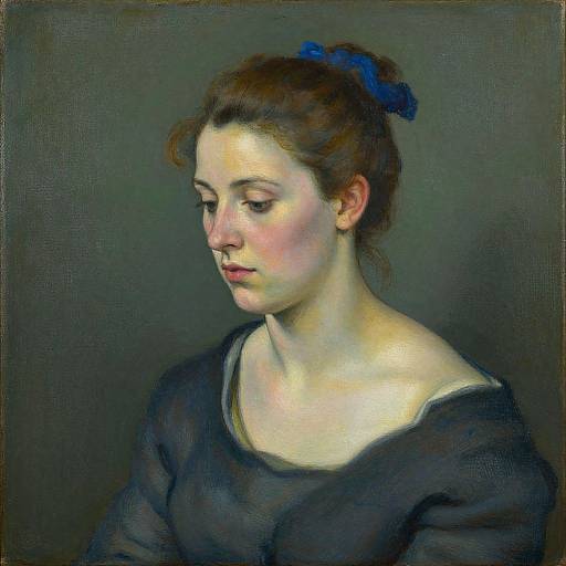Photorealistic painting of a young woman with fair skin, brown hair in a blue bun, wearing a black, off-shoulder top, looking