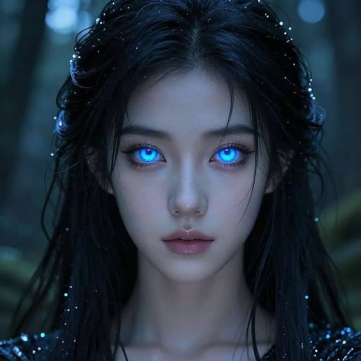 Digital artwork of a pale, ethereal woman with glowing blue eyes, black wet hair, and sparkling hair adornments, set against a dark, blurred