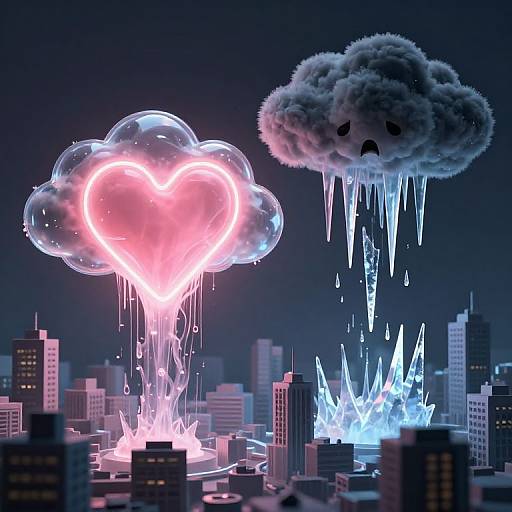 Digital art: Two glowing clouds, one heart-shaped with pink light, one dark with ice-like drips, crash into a cityscape, causing explosive