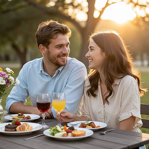 Photograph of a smiling couple at an outdoor sunset dinner, holding glasses of wine, surrounded by plates of food and flowers.