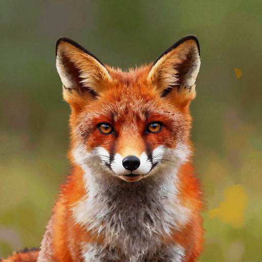 Close-up photograph of a red fox with vivid orange fur, white chest, and black-tipped ears, against a blurred green and yellow background.