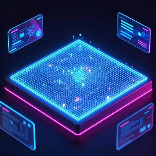 Neon-lit, glowing blue grid cube with scattered dots, surrounded by holographic interfaces, set against a dark background. Digital, futuristic design.