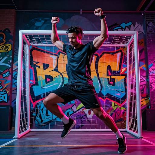 Photograph of a muscular man with dark hair, wearing a black shirt and shorts, jumping in front of a neon-lit goal with vibrant graffiti background