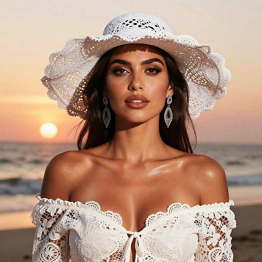 Photograph of a beautiful woman with tan skin, dark hair, wearing a white lace off-shoulder top and sunhat, with sunset beach background
