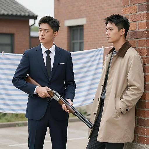 Two Men with Shotgun Outdoors Near Brick Wall