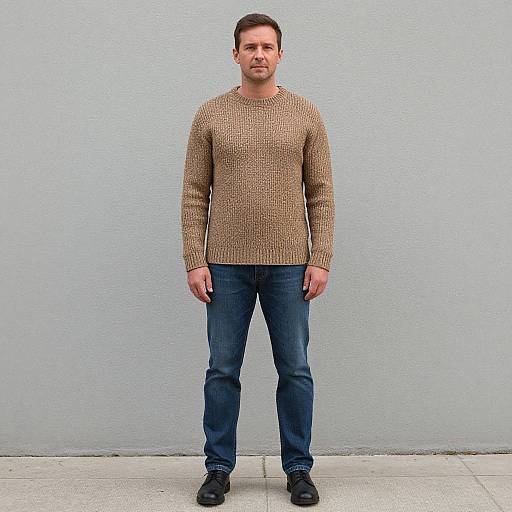 Photograph of a Caucasian man with short brown hair, brown knitted sweater, blue jeans, and black shoes, standing against a plain light gray wall