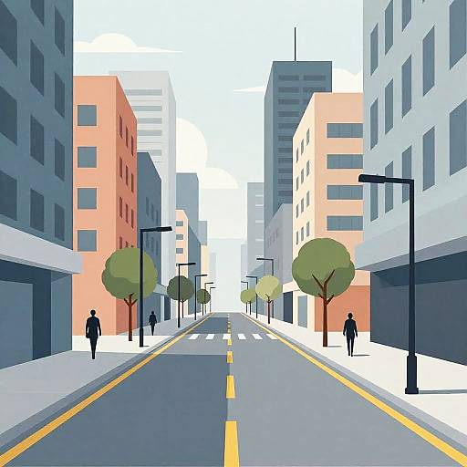 Digital illustration of a modern urban street with tall buildings, orange and gray facades, trees, and two pedestrians walking.