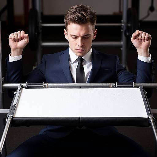 Photograph of a focused, young white man in a black suit and tie, clenched fists, sitting in front of a bright, white screen.