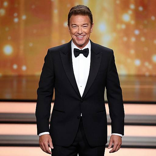 Photograph of a smiling, middle-aged Asian man with short, styled black hair, wearing a black tuxedo with a white shirt and black bow