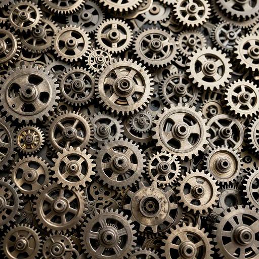 Photograph of intricate, overlapping, silver metallic gears and cogs in various sizes, creating a complex, interlocking pattern with dark background.
