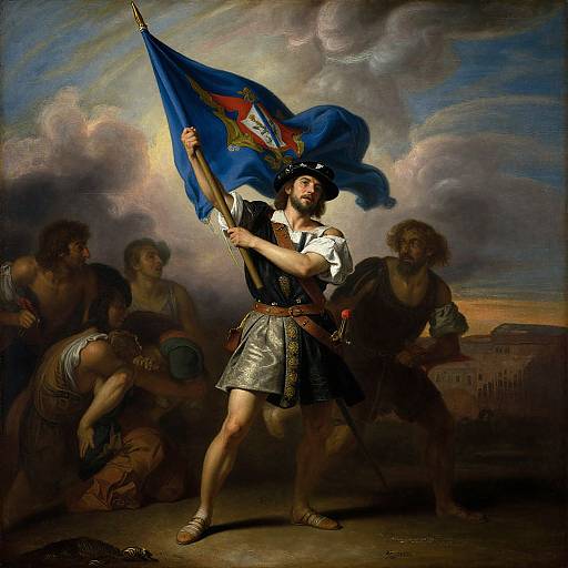 Baroque painting of a muscular, bearded soldier in silver armor and black hat, holding a blue flag with a red emblem, standing defiantly with