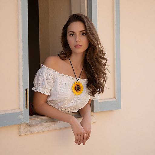 Photograph of a young woman with long brown hair, wearing an off-shoulder white lace top and sunflower necklace, leaning out of a blue