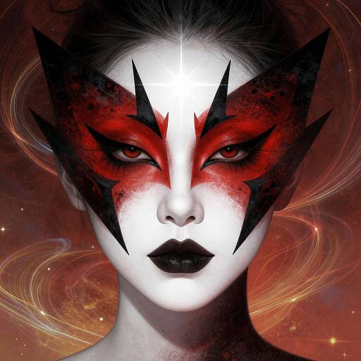 Digital portrait of a woman with striking white face, black and red starburst makeup, intense eyes, dark lipstick, against a cosmic background.