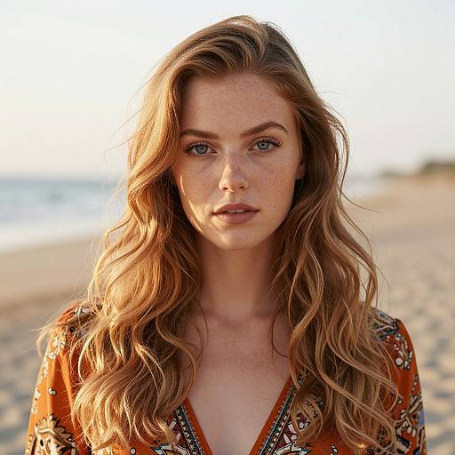 Photograph of a freckled, blue-eyed, long-haired redhead woman in a patterned orange top standing on a sunlit beach.