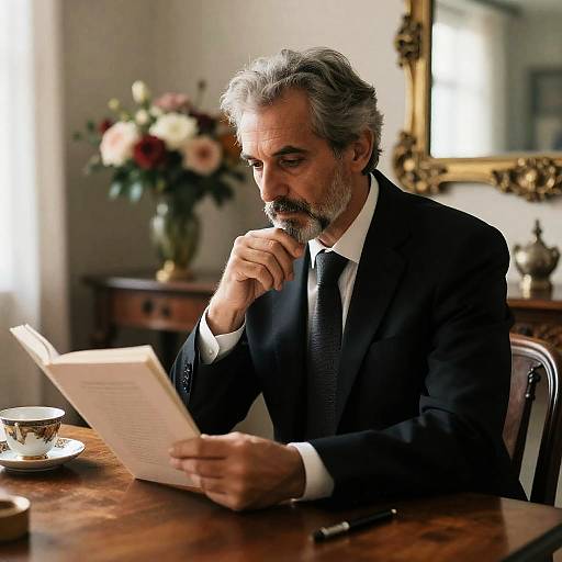 Sophisticated Man Reading at Dining Table