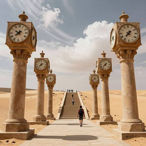 Photograph of an Egyptian-style desert scene with six tall clock towers flanking a central staircase, under a bright blue sky with white clouds, and a